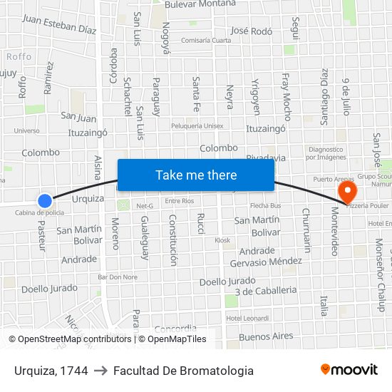 Urquiza, 1744 to Facultad De Bromatologia map