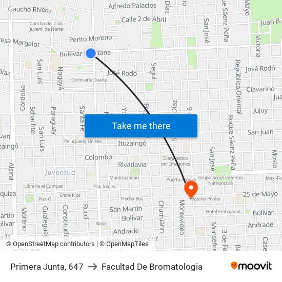 Primera Junta, 647 to Facultad De Bromatologia map