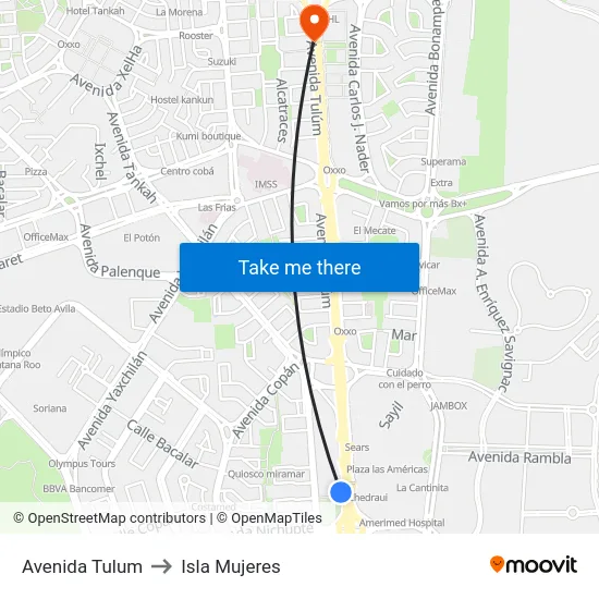 Avenida Tulum to Isla Mujeres map