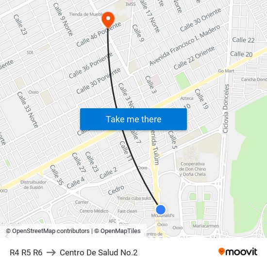 R4 R5 R6 to Centro De Salud No.2 map