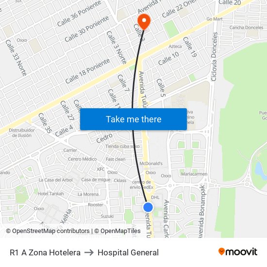 R1 A Zona Hotelera to Hospital General map