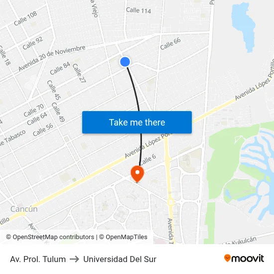 Av. Prol. Tulum to Universidad Del Sur map