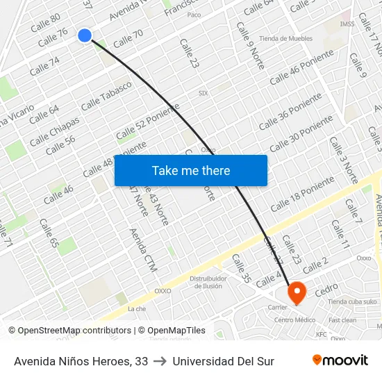 Avenida Niños Heroes, 33 to Universidad Del Sur map