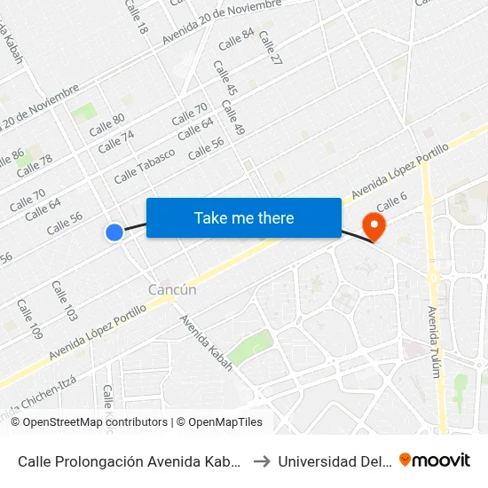 Calle Prolongación Avenida Kabáh, 326 to Universidad Del Sur map