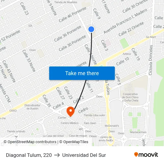 Diagonal Tulum, 220 to Universidad Del Sur map