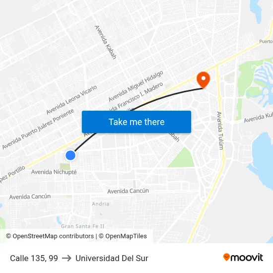 Calle 135, 99 to Universidad Del Sur map