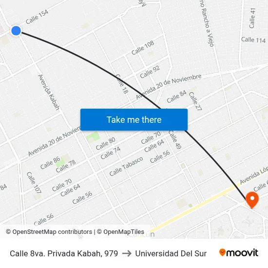 Calle 8va. Privada Kabah, 979 to Universidad Del Sur map