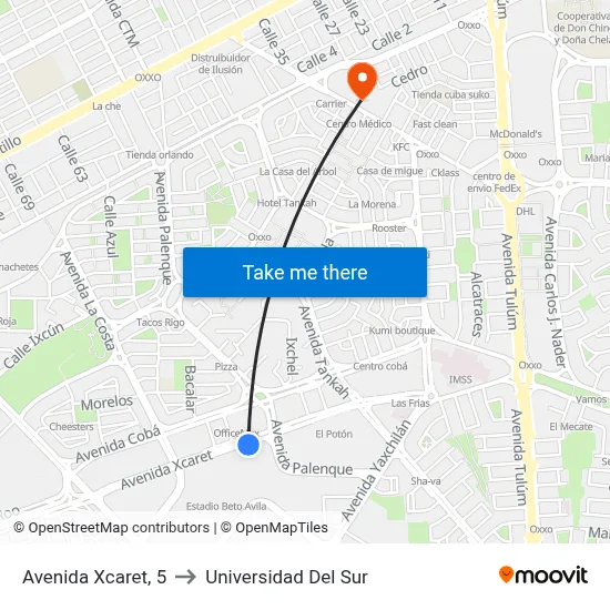 Avenida Xcaret, 5 to Universidad Del Sur map