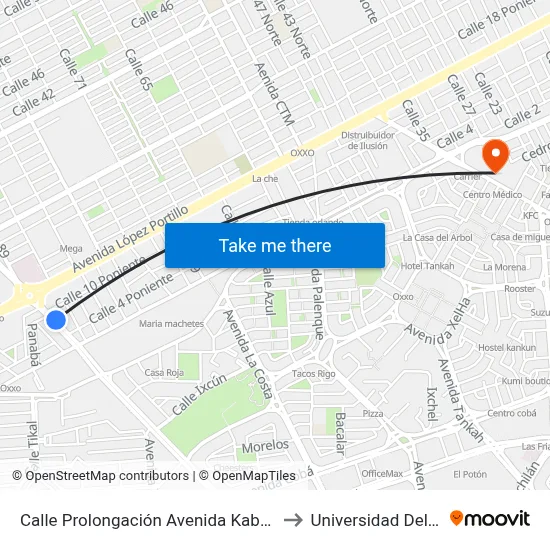 Calle Prolongación Avenida Kabáh, 23 to Universidad Del Sur map