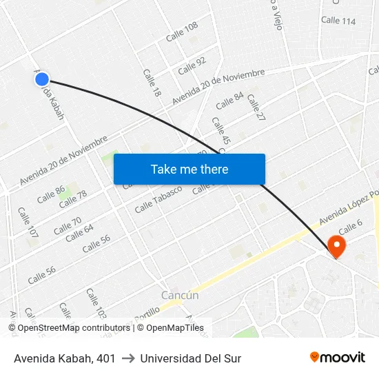 Avenida Kabah, 401 to Universidad Del Sur map