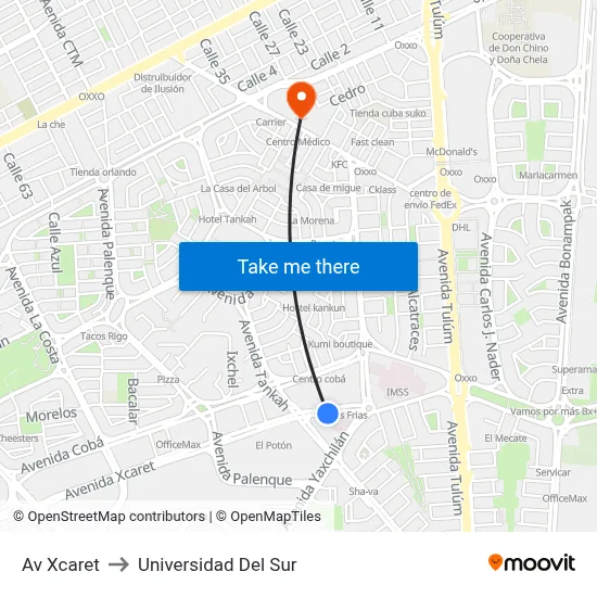 Av Xcaret to Universidad Del Sur map