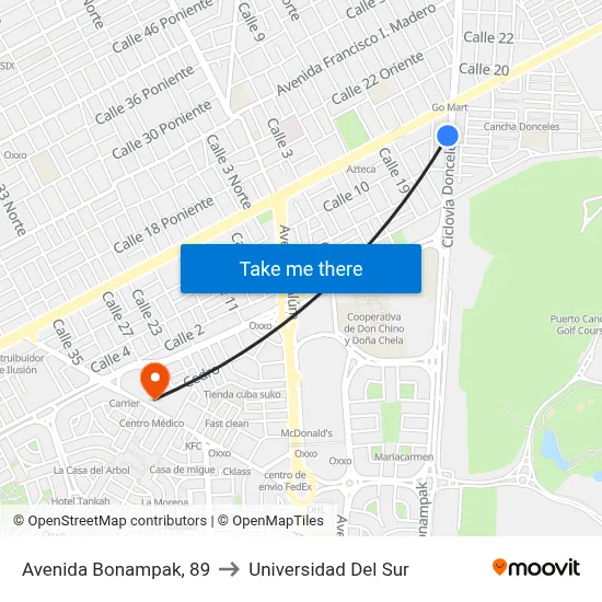 Avenida Bonampak, 89 to Universidad Del Sur map