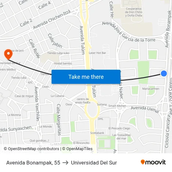Avenida Bonampak, 55 to Universidad Del Sur map