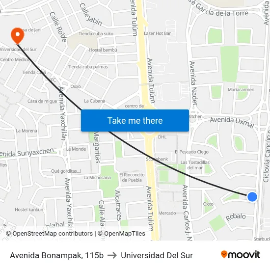 Avenida Bonampak, 115b to Universidad Del Sur map