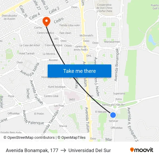Avenida Bonampak, 177 to Universidad Del Sur map