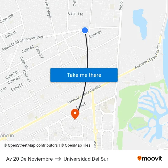 Av 20 De Noviembre to Universidad Del Sur map