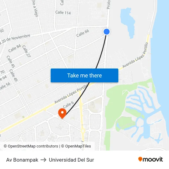 Av Bonampak to Universidad Del Sur map