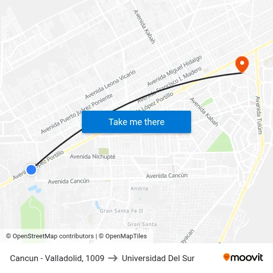 Cancun - Valladolid, 1009 to Universidad Del Sur map