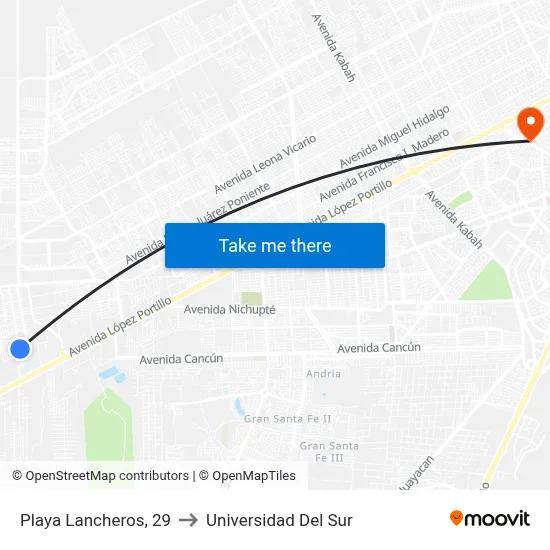 Playa Lancheros, 29 to Universidad Del Sur map