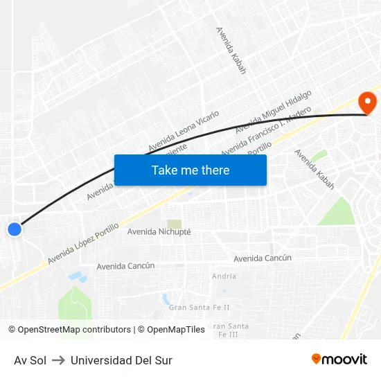 Av Sol to Universidad Del Sur map