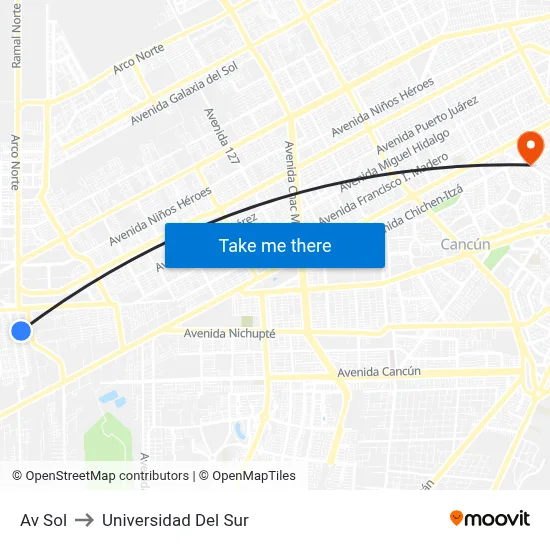 Av Sol to Universidad Del Sur map