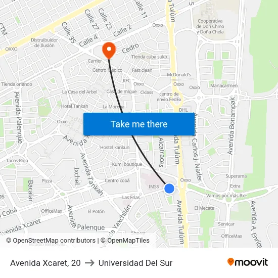 Avenida Xcaret, 20 to Universidad Del Sur map