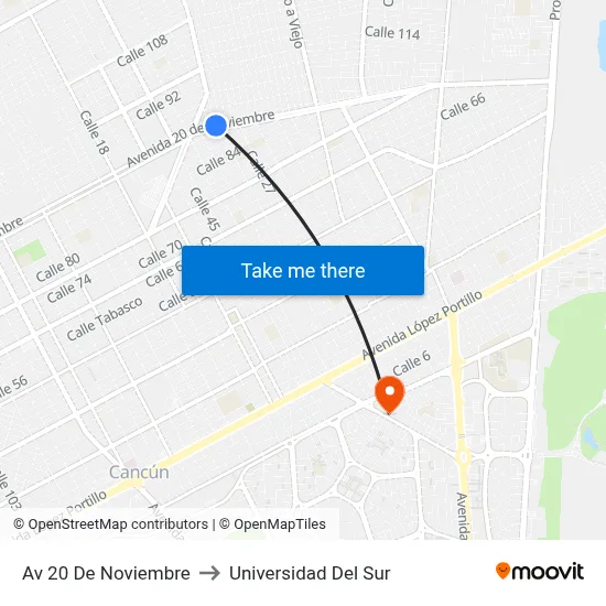 Av 20 De Noviembre to Universidad Del Sur map