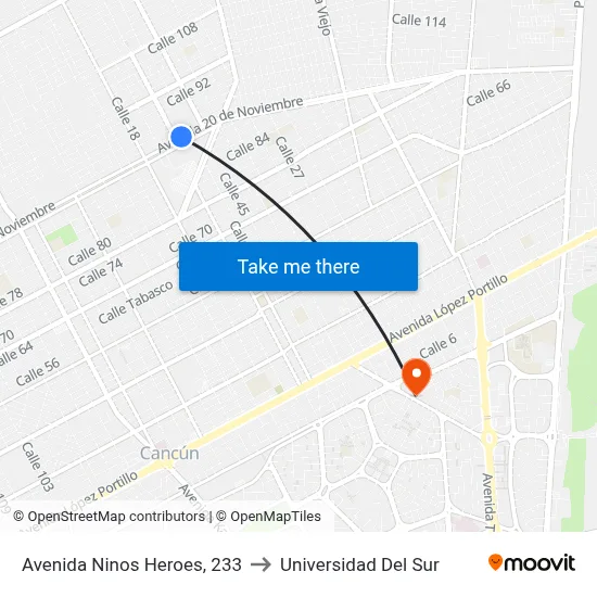Avenida Ninos Heroes, 233 to Universidad Del Sur map