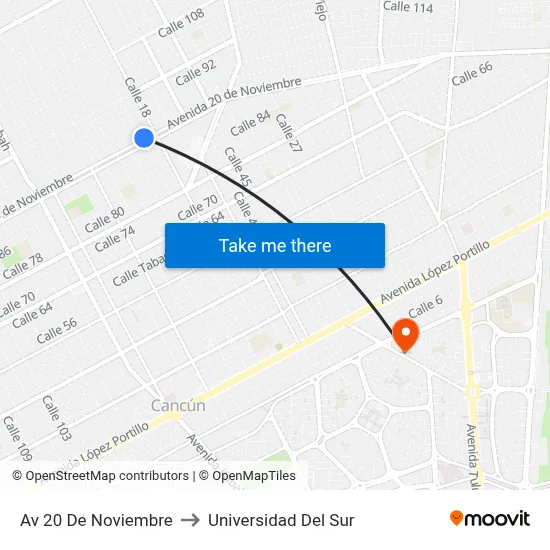 Av 20 De Noviembre to Universidad Del Sur map