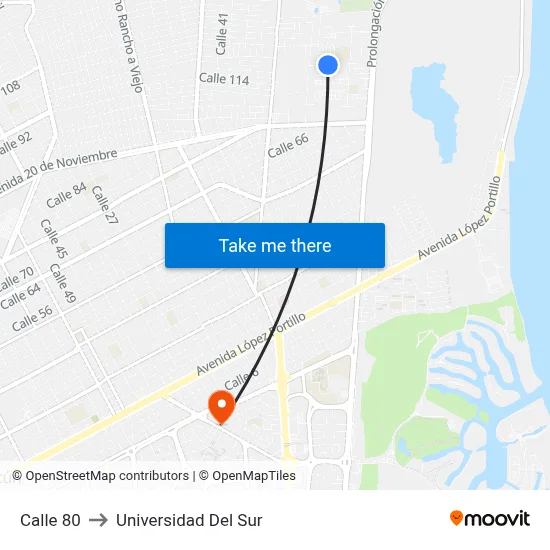 Calle 80 to Universidad Del Sur map