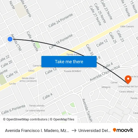 Avenida Francisco I. Madero, Mz2 Lt42 to Universidad Del Sur map