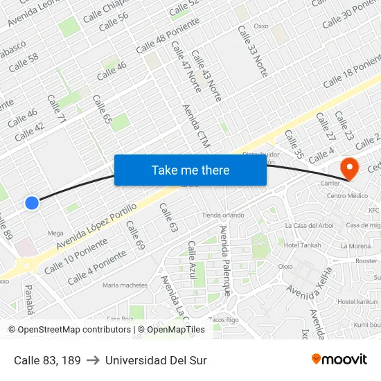 Calle 83, 189 to Universidad Del Sur map