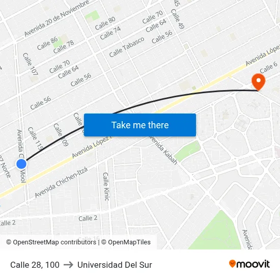 Calle 28, 100 to Universidad Del Sur map