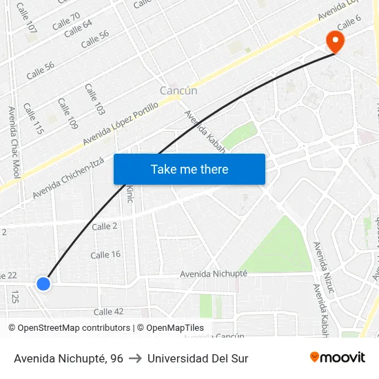 Avenida Nichupté, 96 to Universidad Del Sur map