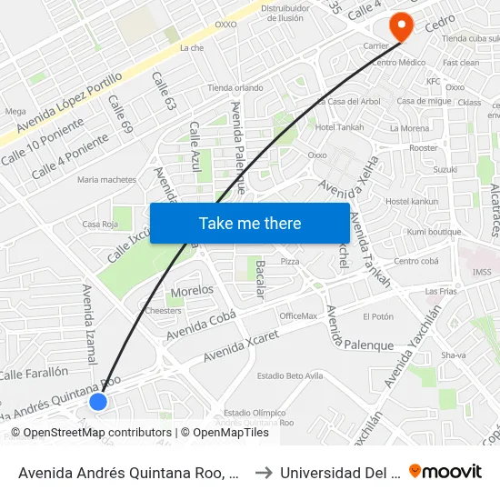 Avenida Andrés Quintana Roo, Mza 1 to Universidad Del Sur map