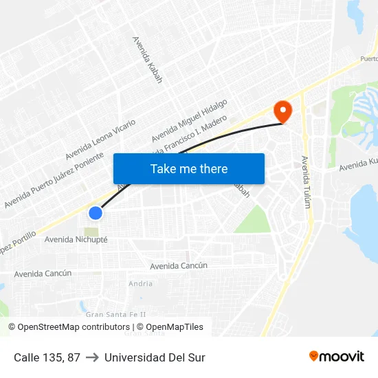 Calle 135, 87 to Universidad Del Sur map