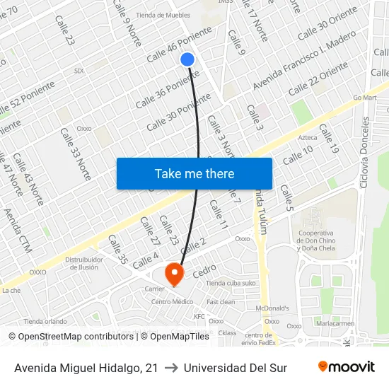 Avenida Miguel Hidalgo, 21 to Universidad Del Sur map