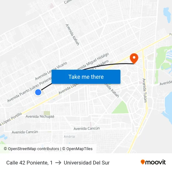 Calle 42 Poniente, 1 to Universidad Del Sur map