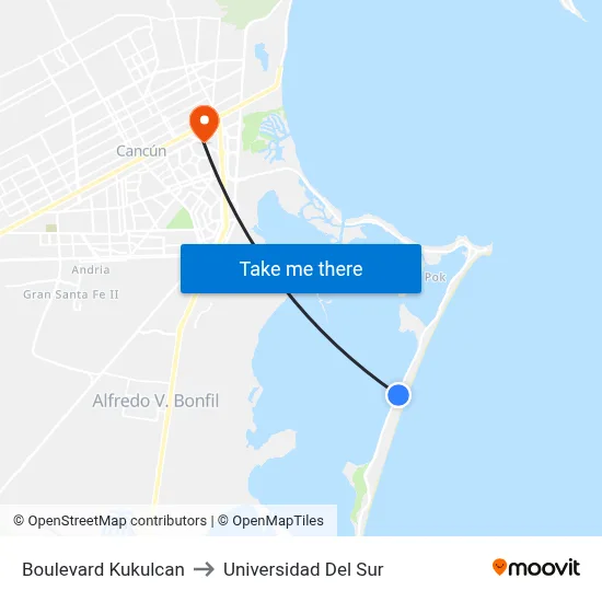 Boulevard Kukulcan to Universidad Del Sur map