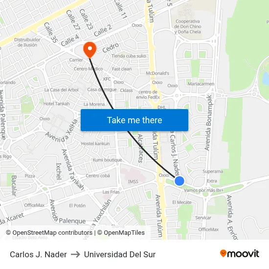 Carlos J. Nader to Universidad Del Sur map