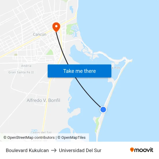 Boulevard Kukulcan to Universidad Del Sur map