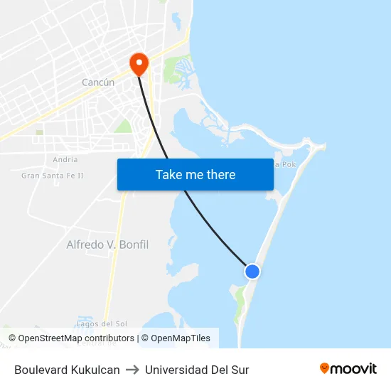 Boulevard Kukulcan to Universidad Del Sur map