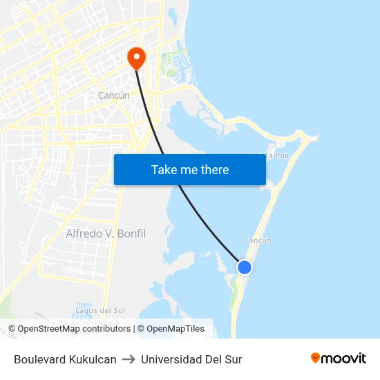 Boulevard Kukulcan to Universidad Del Sur map