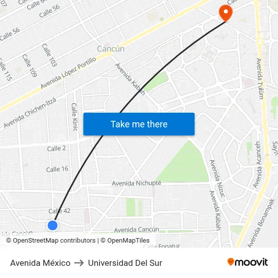 Avenida México to Universidad Del Sur map