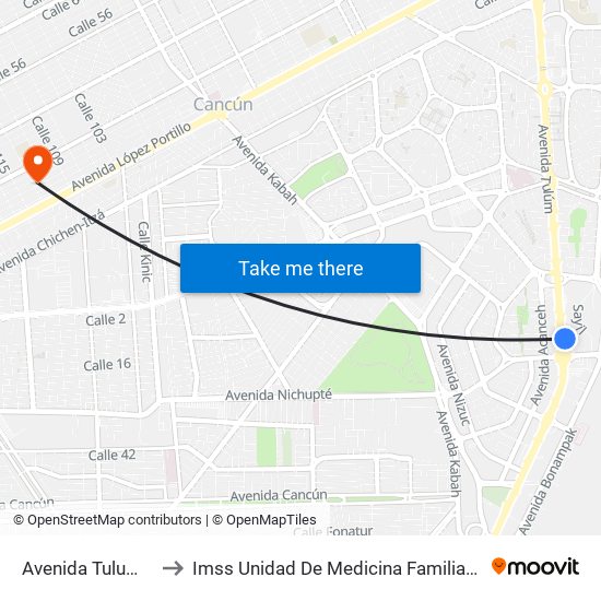 Avenida Tulum, 5 to Imss Unidad De Medicina Familiar 14 map