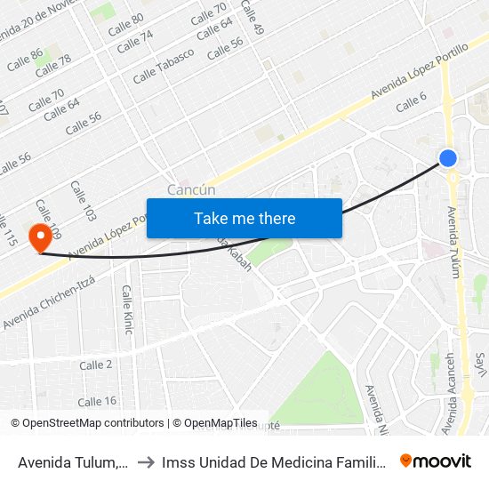 Avenida Tulum, 24 to Imss Unidad De Medicina Familiar 14 map