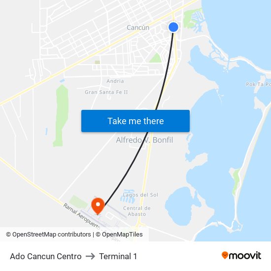 Ado Cancun Centro to Terminal 1 map
