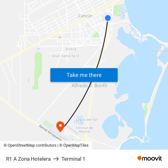 R1 A Zona Hotelera to Terminal 1 map