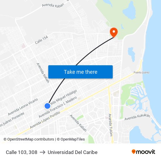 Calle 103, 308 to Universidad Del Caribe map