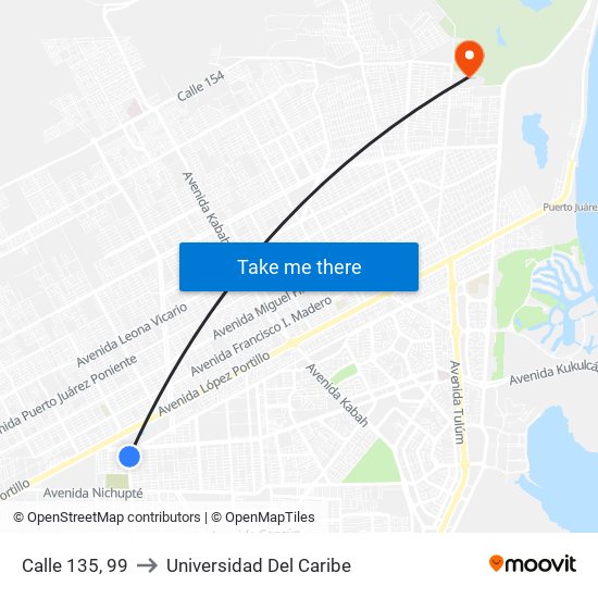 Calle 135, 99 to Universidad Del Caribe map